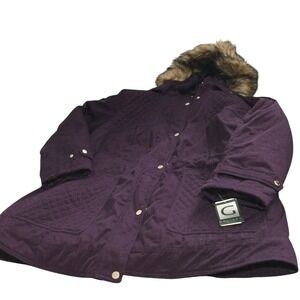 Gallery New York Women Quilted Faux Fur Hood Parka Coat Plum Purple 1X